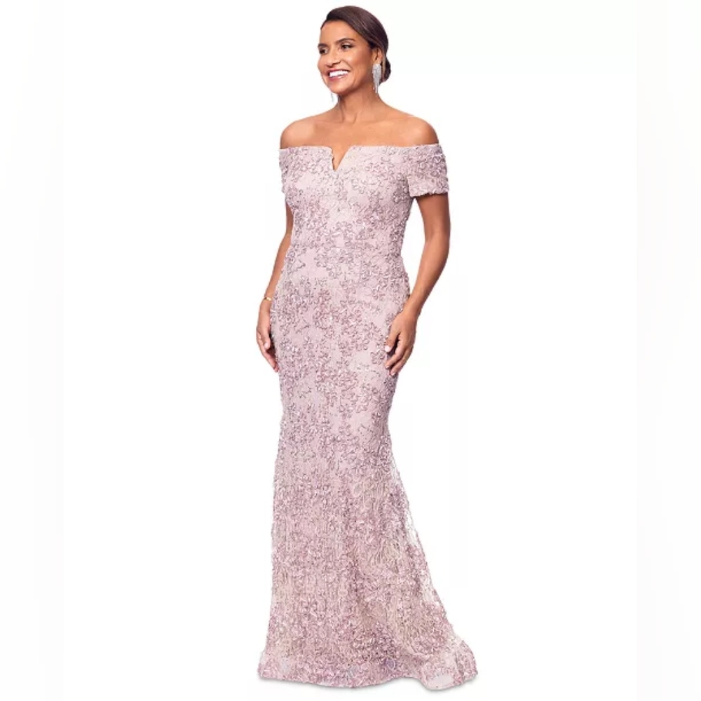 Xscape Off-Shoulder Lace Maxi Dress in Blush